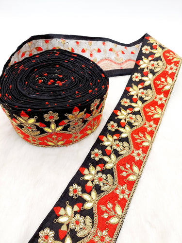 Silk Fabric Trim, Floral Embroidery Gold Gota Patti Indian Sari Border Trim By Yard Decorative Trim Craft Lace